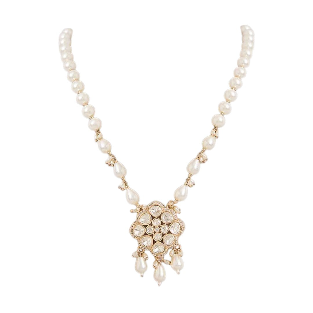 Elegant pearl necklace set with Kundan-style pendant and matching pearl drop earrings

