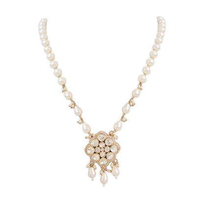 Elegant pearl necklace set with Kundan-style pendant and matching pearl drop earrings

