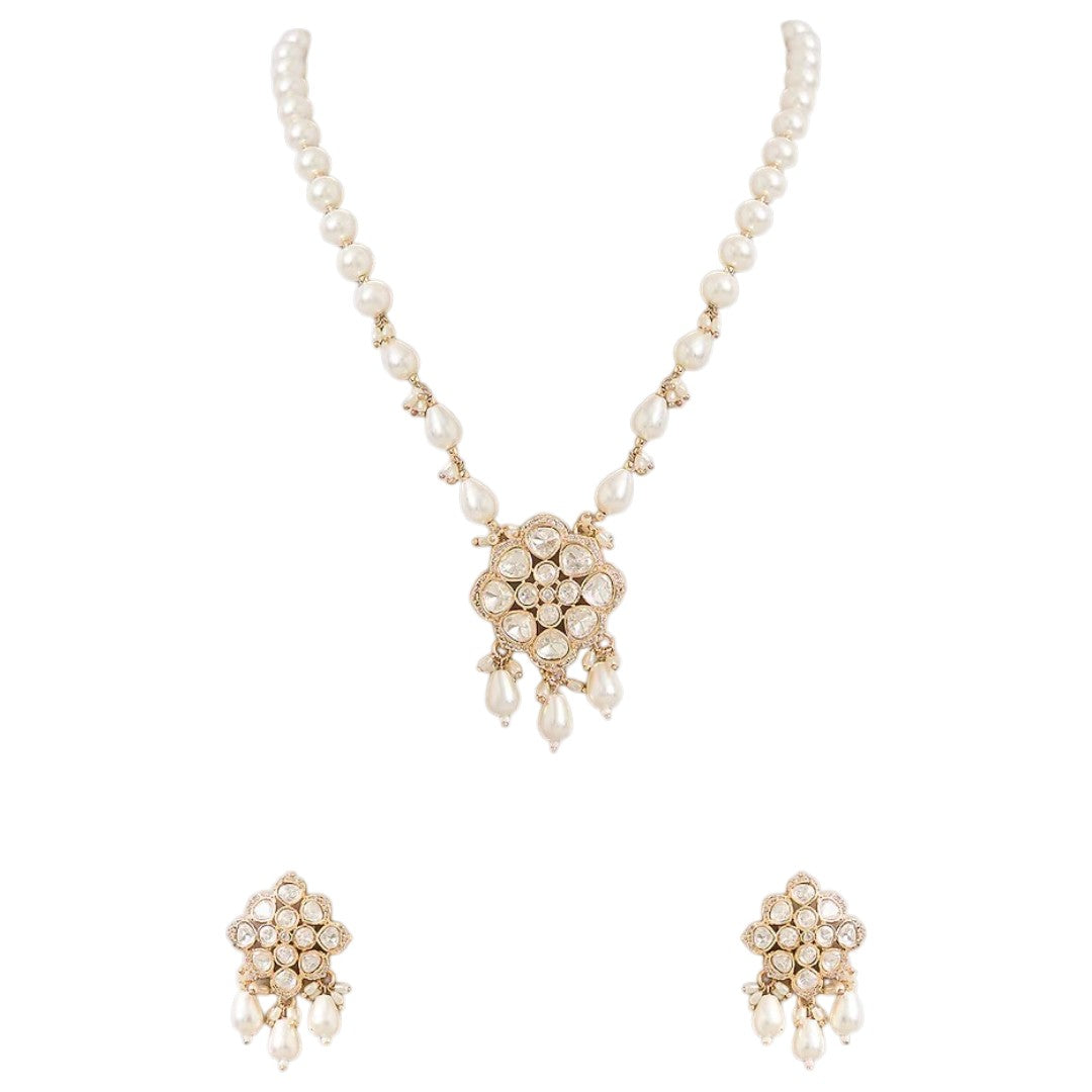 Elegant pearl necklace set with Kundan-style pendant and matching pearl drop earrings

