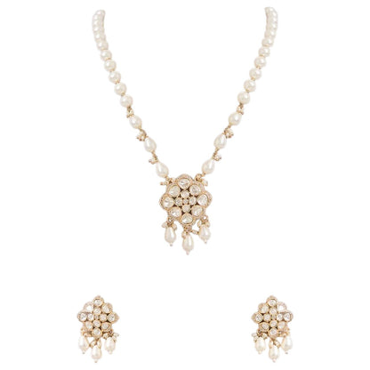 Elegant pearl necklace set with Kundan-style pendant and matching pearl drop earrings

