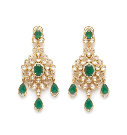 Gold kundan polki bridal necklace set with emerald green pear and oval stones, teardrop drops and matching chandelier earrings