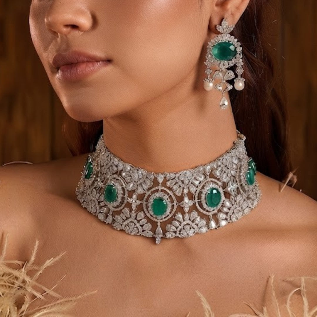 Emerald Green American Diamond Choker Necklace Set with Matching Stud Earrings for Women in Rhodium Finish