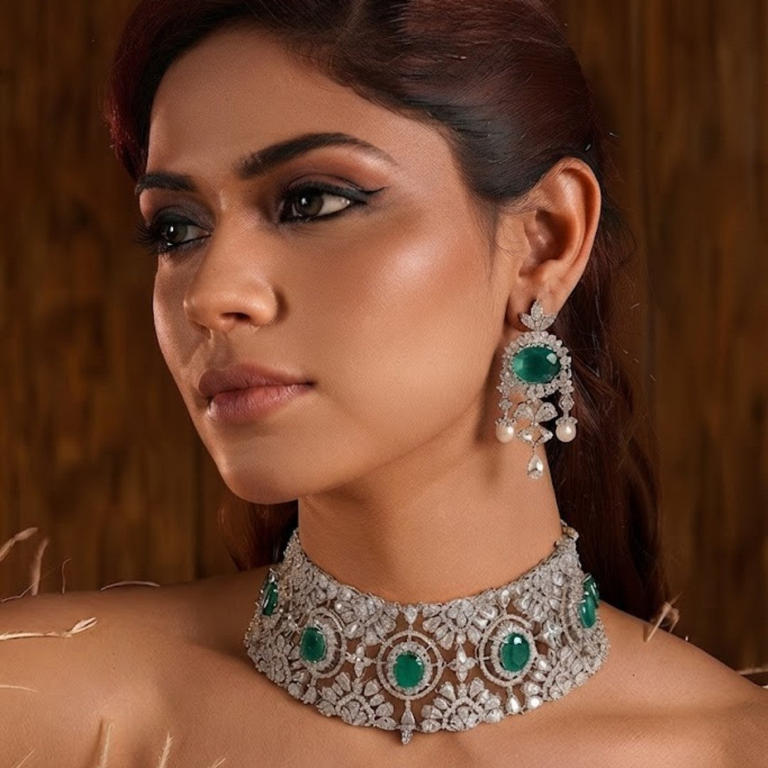 Emerald Green American Diamond Choker Necklace Set with Matching Stud Earrings for Women in Rhodium Finish
