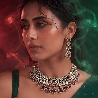 Ruby Red Kundan Bib Choker Set with Drop Earrings
