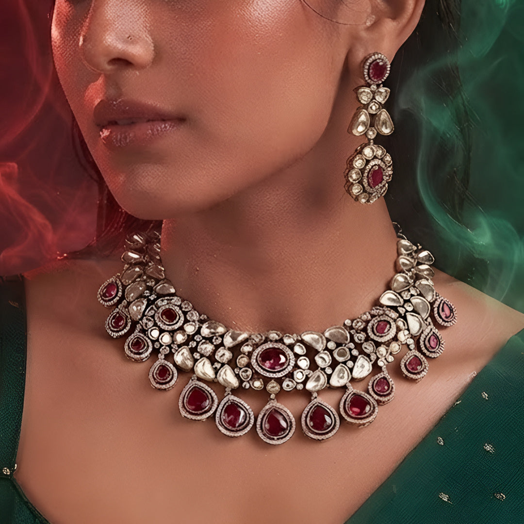 Ruby Red Kundan Bib Choker Set with Drop Earrings