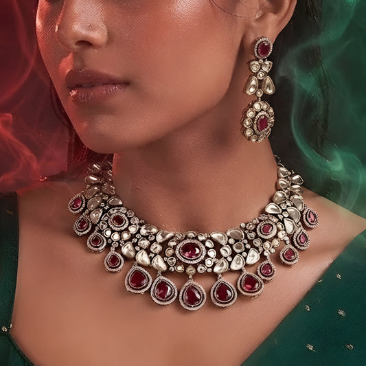 Ruby Red Kundan Bib Choker Set with Drop Earrings