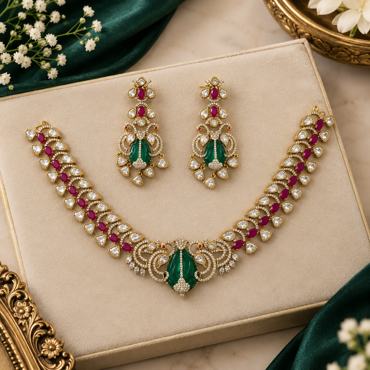 Gold-finish carved emerald peacock polki necklace set with ruby pink oval stones, zircon pavé scrollwork and matching long drop earrings