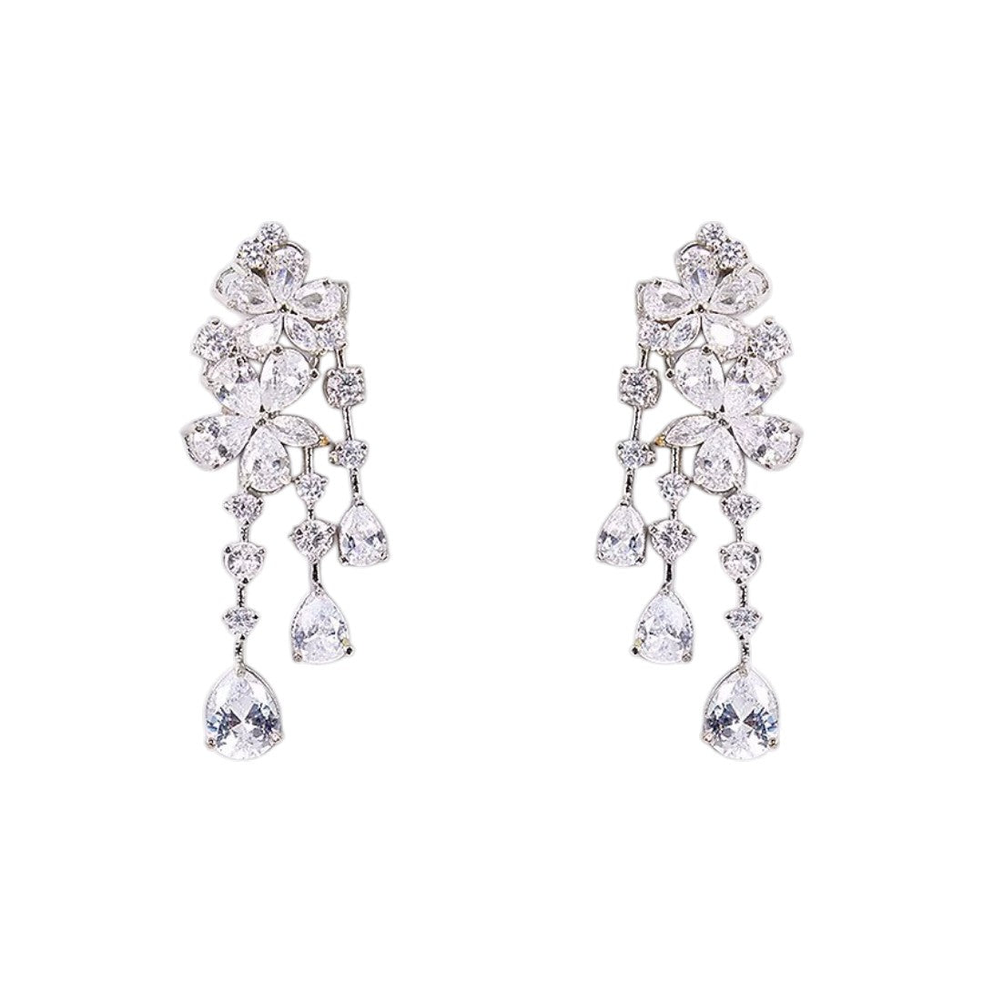 Sparkling crystal floral cascade dangle earrings with multiple teardrop-shaped drops

