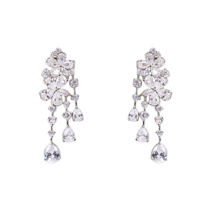 Sparkling crystal floral cascade dangle earrings with multiple teardrop-shaped drops

