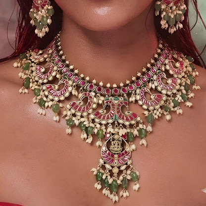 Pink and green temple jewellery necklace set with goddess pendant and matching earrings
