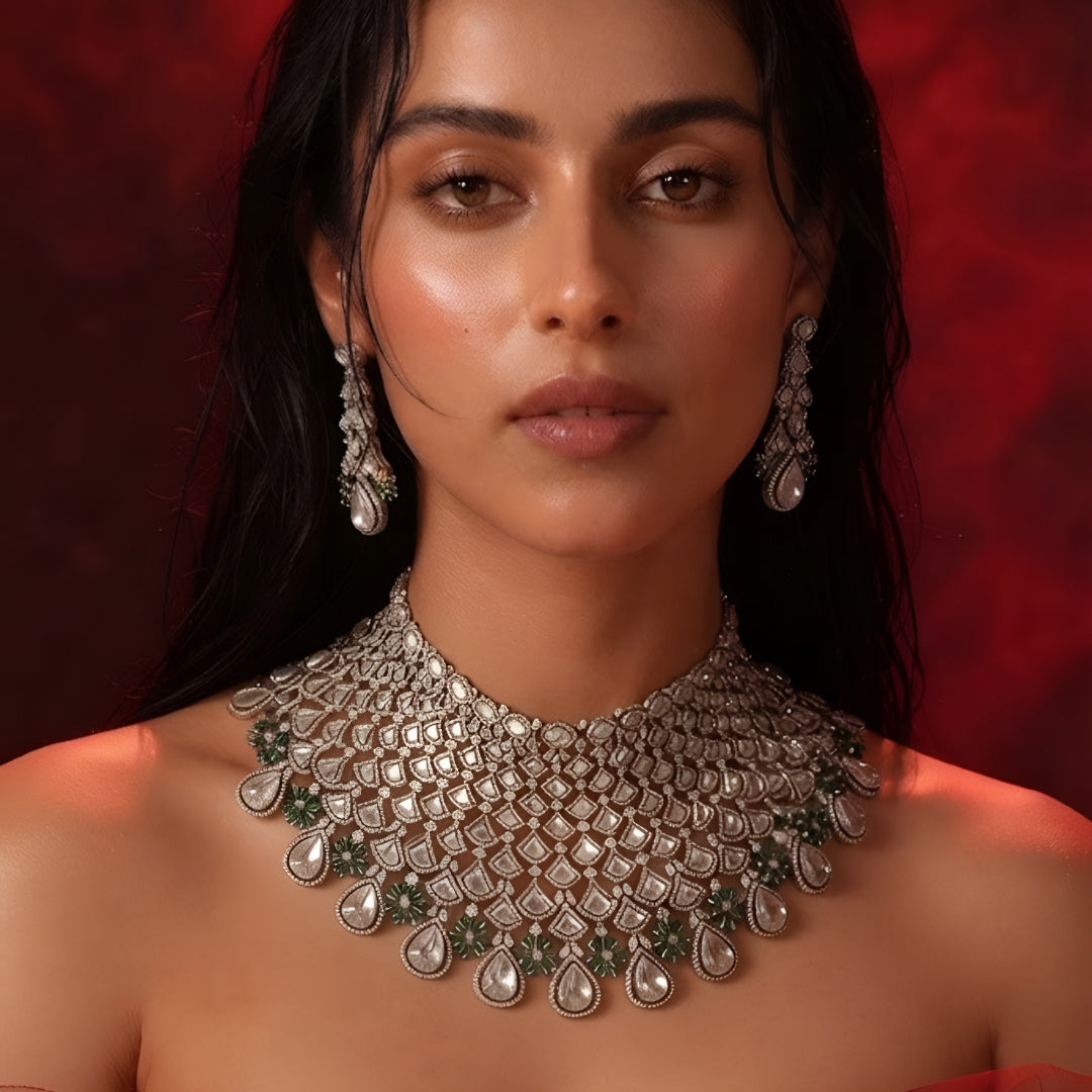 Shop this grand Kundan net-style choker with emerald floral accents & chandelier earrings. Perfect for bridal & festive occasions. Order now!