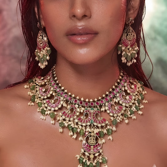 Pink and green temple jewellery necklace set with goddess pendant and matching earrings
