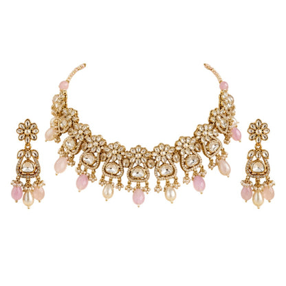 Gold-plated floral Kundan choker necklace set with pink beads, pearl drops, and matching earrings for bridal, wedding, and festive wear.