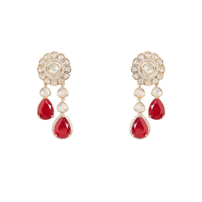 Gold finish ruby red kundan choker necklace set with cascading polki-style strands, ruby pear drops and matching drop earrings – Auraa Trends