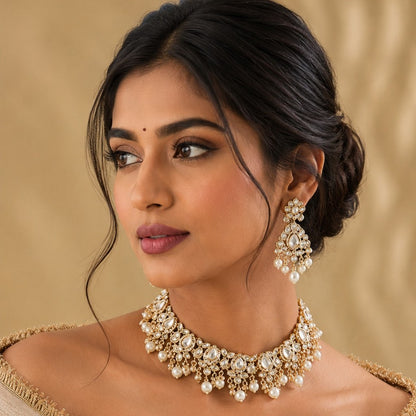 Gold-plated Kundan pearl choker necklace set with American diamond stones and matching pearl drop earrings for bridal, wedding, and festive wear.