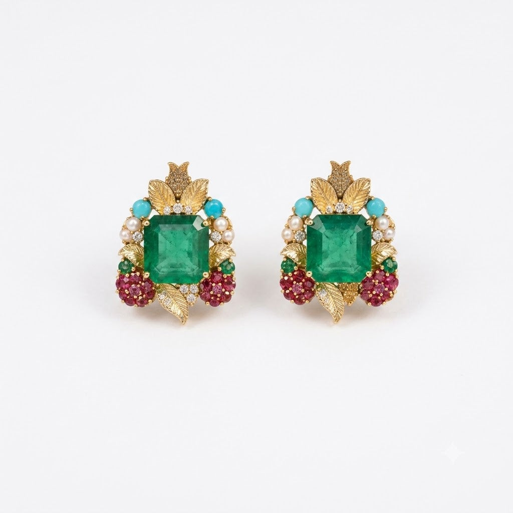 Pair of gold stud earrings with emerald-cut green centre stones, gold leaves, ruby-pink stone clusters, turquoise beads and pearls on a white background