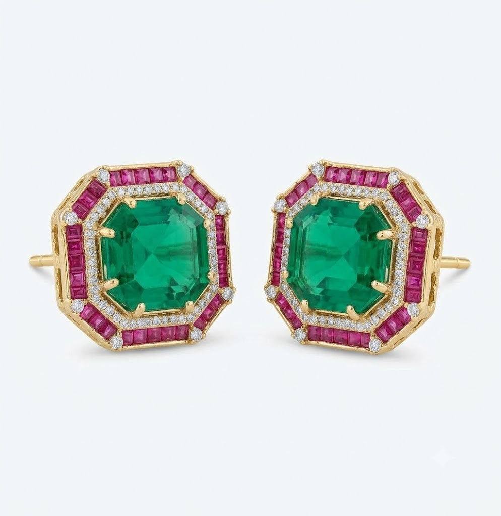 Pair of gold-finish octagon stud earrings with an emerald-green centre stone, ruby-pink square-cut border, and American diamond halo