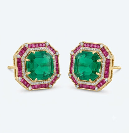 Pair of gold-finish octagon stud earrings with an emerald-green centre stone, ruby-pink square-cut border, and American diamond halo