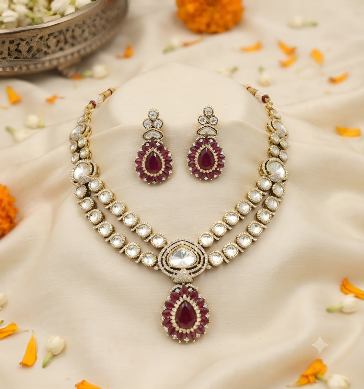 Antique gold two-strand polki kundan necklace with ruby red teardrop pendant on a display bust