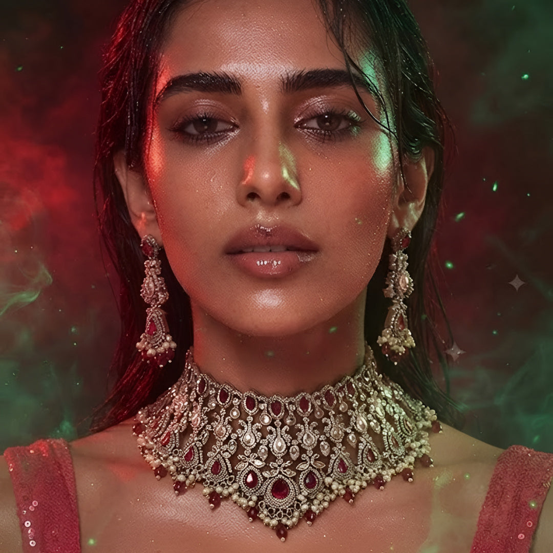 "Antique gold Kundan net choker necklace with ruby red stones and pearl bead drops, matching chandelier earrings"