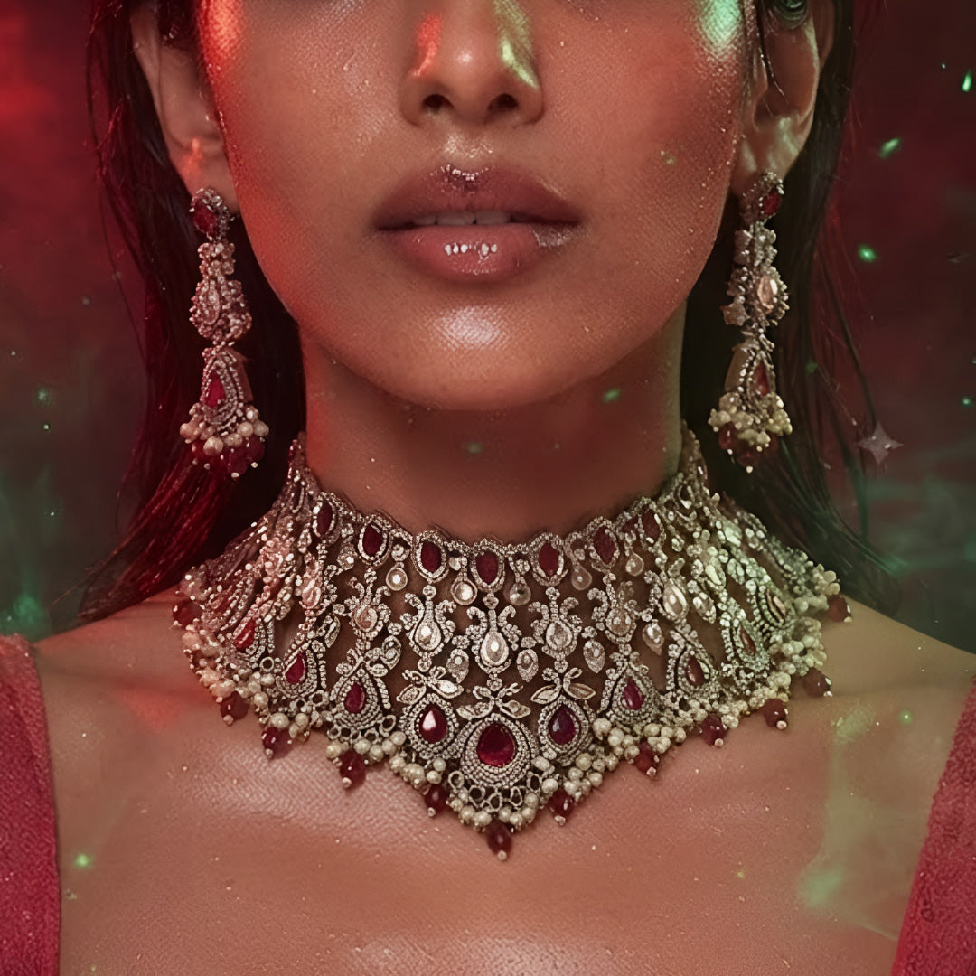"Antique gold Kundan net choker necklace with ruby red stones and pearl bead drops, matching chandelier earrings"