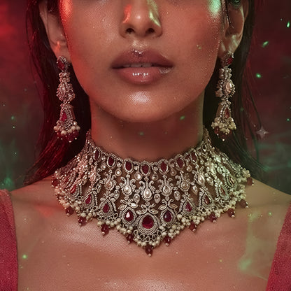 "Antique gold Kundan net choker necklace with ruby red stones and pearl bead drops, matching chandelier earrings"