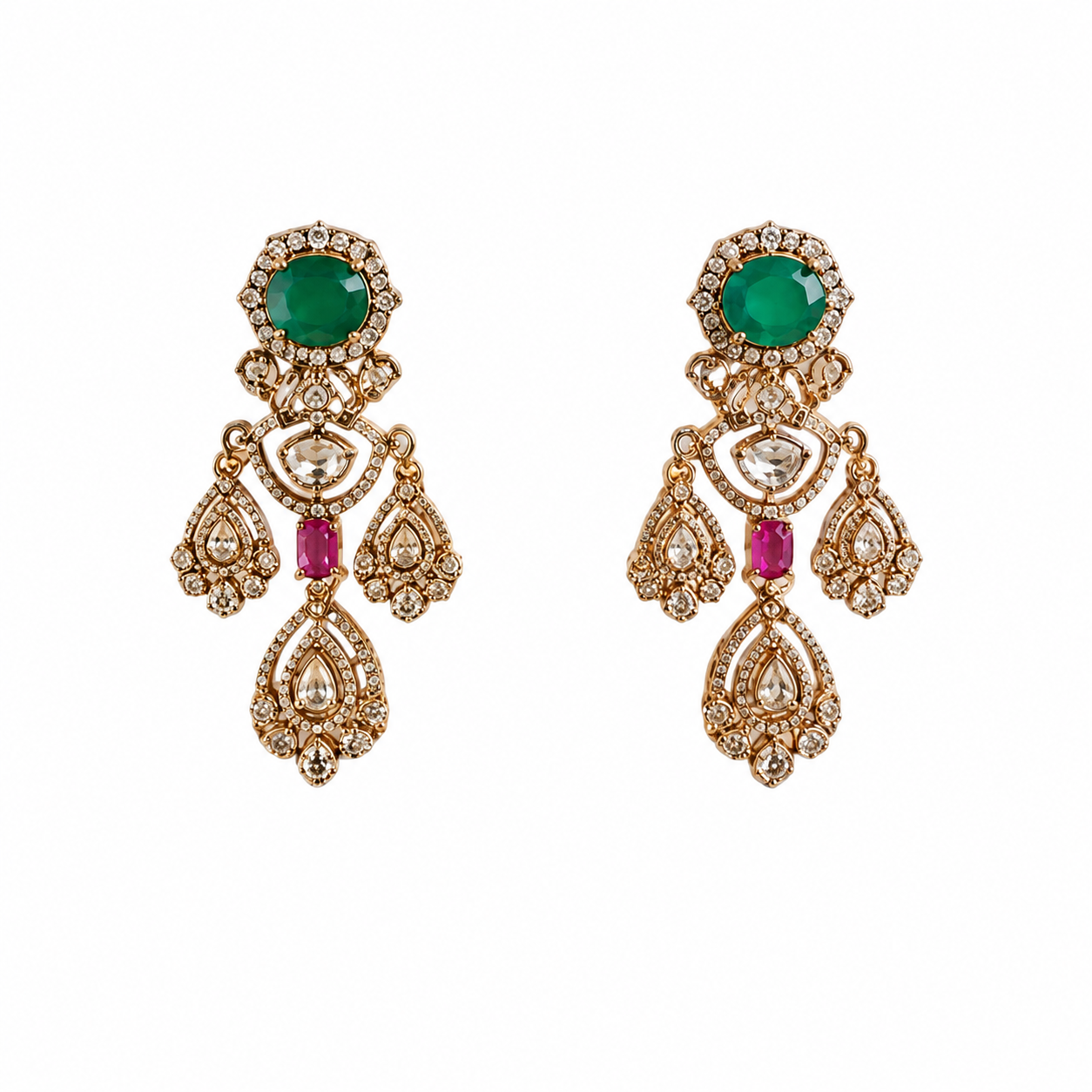 Gold-plated Kundan necklace set with green emerald-look center stone, pink ruby accents and matching American diamond earrings for bridal and wedding wear.