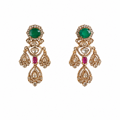 Gold-plated Kundan necklace set with green emerald-look center stone, pink ruby accents and matching American diamond earrings for bridal and wedding wear.