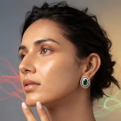 Oval Emerald Green Double Halo Stud Earrings