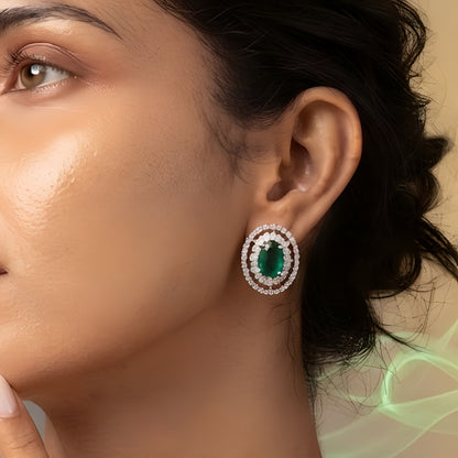 Oval Emerald Green Double Halo Stud Earrings