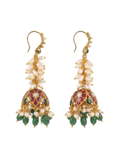Rice Pearl Cluster, Ruby Pink Floral Dome & Green Bead Drops