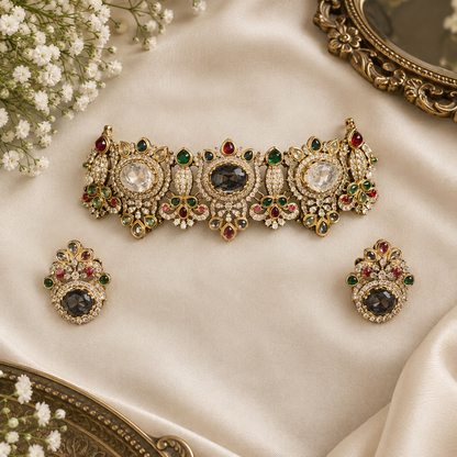 Antique gold Victorian multicolour American diamond choker necklace set with smoky grey centre stone, ruby and emerald accents and matching stud earrings