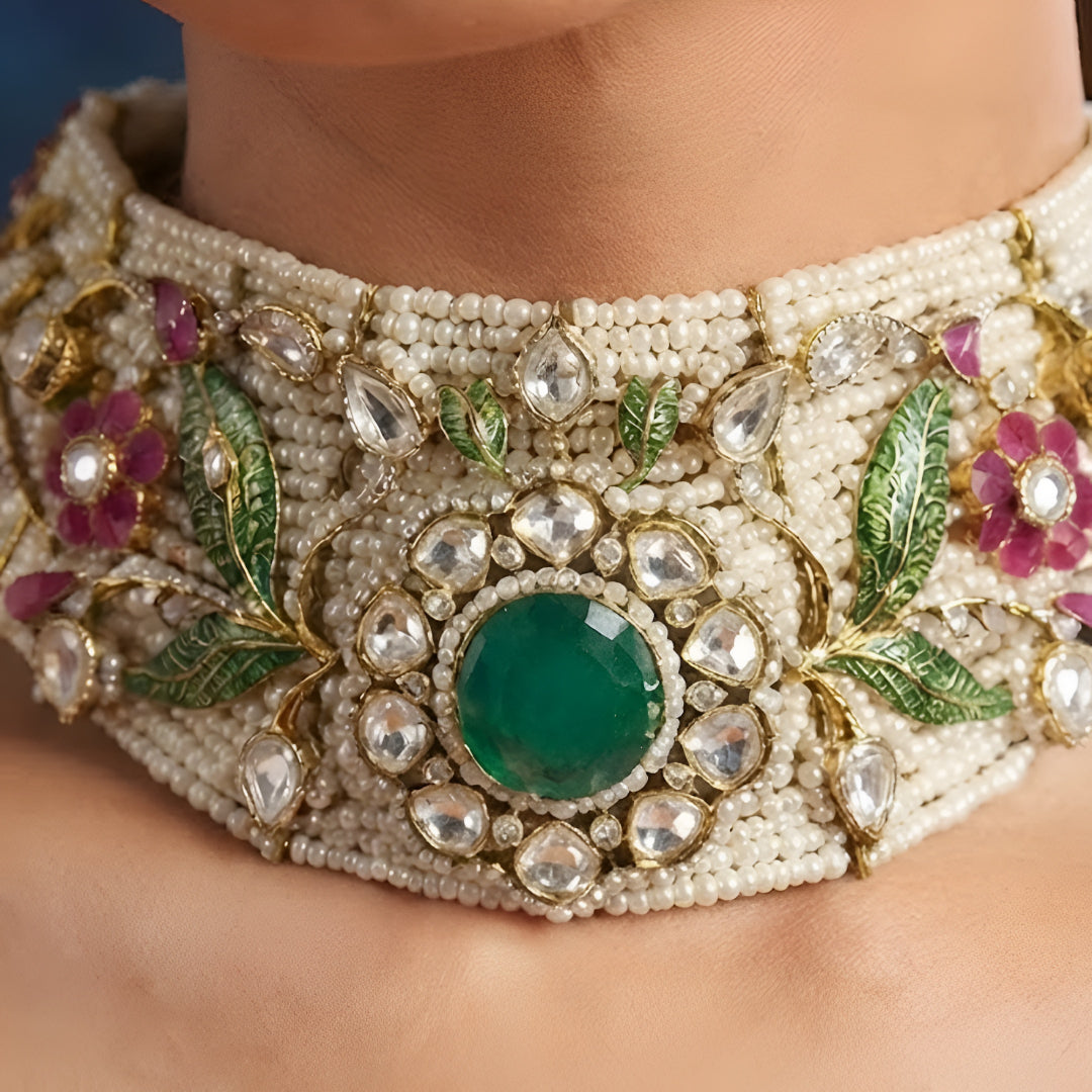 Designer gold-plated Kundan pearl choker necklace set with green centerpiece, floral pink stones, and matching stud earrings for women.