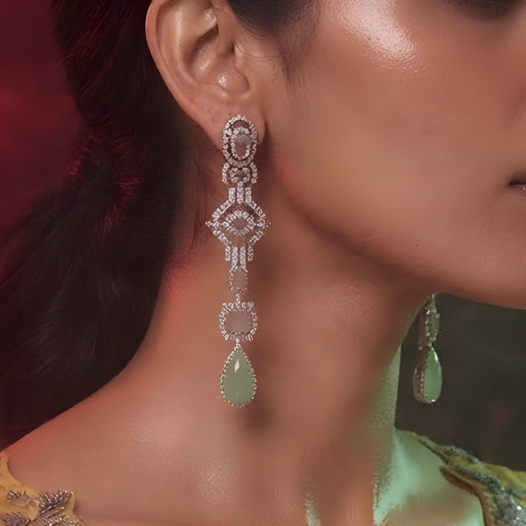 Pink & Green Stone Gold-Tone Statement Earrings