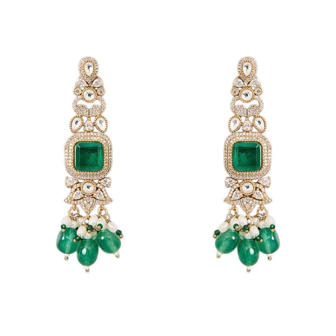 "Antique gold wide Kundan choker necklace with emerald and pearl bead drops, matching long drop earrings"