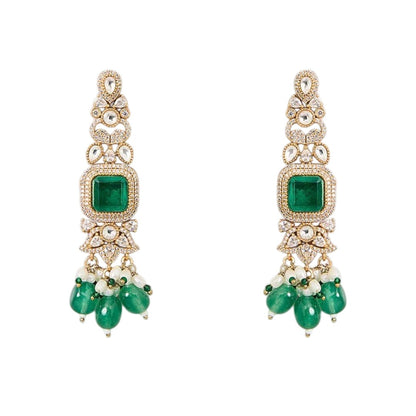 "Antique gold wide Kundan choker necklace with emerald and pearl bead drops, matching long drop earrings"