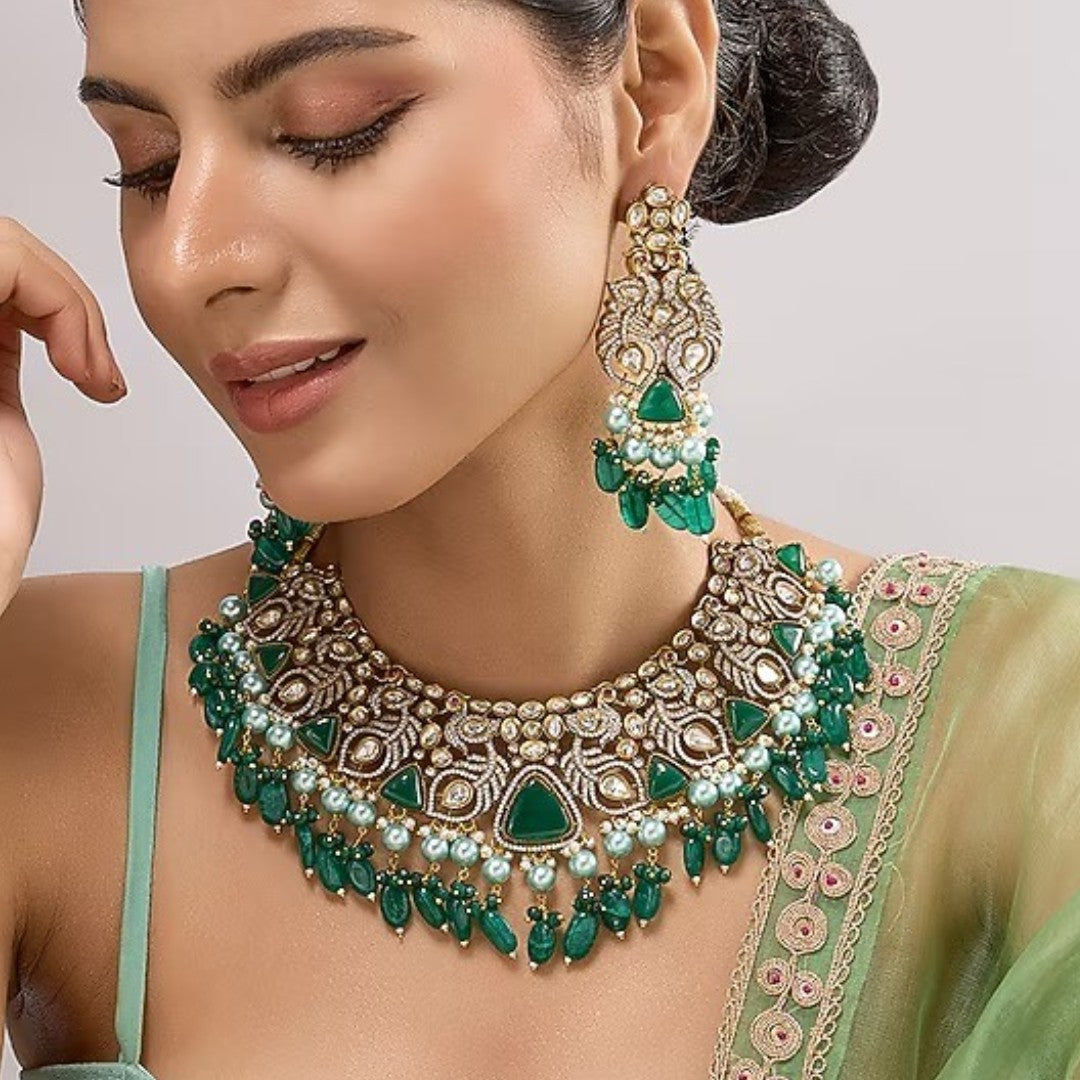 Bridal kundan choker necklace set with emerald green stone drops and matching earrings