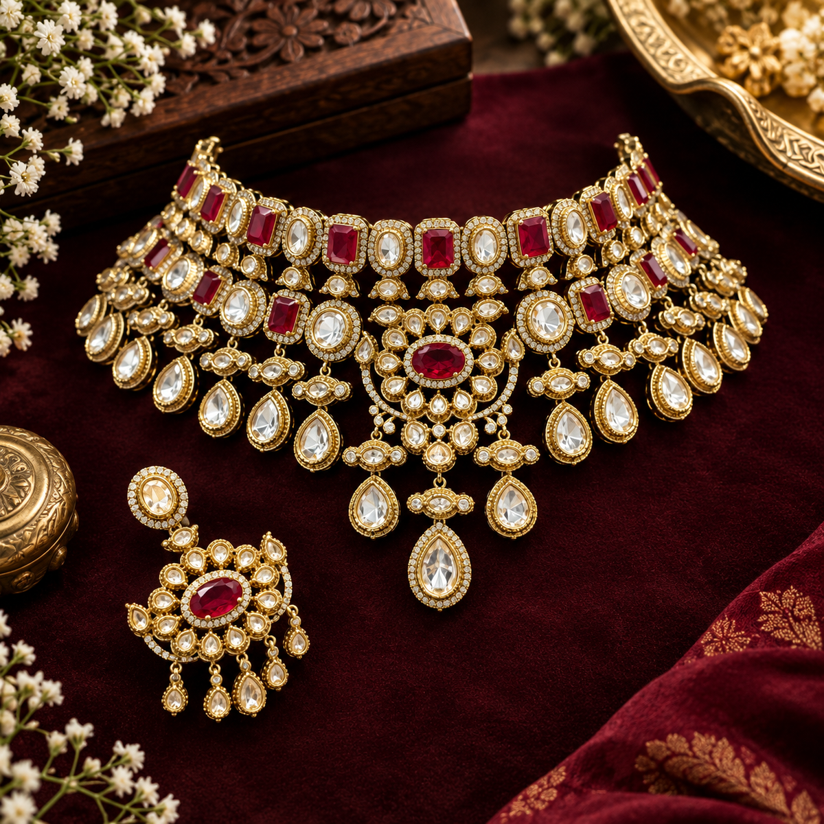 Antique gold ruby red Victorian bridal choker necklace set with kundan-style stones, ruby oval centre medallion, pear drops and matching chandelier earrings