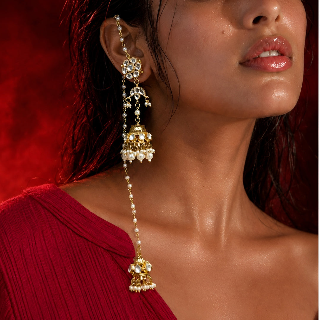 Kundan Ear Cuff Jhumka Earrings with Double Jhumki & Pearl Chain