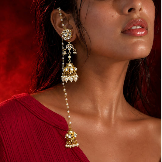 Kundan Ear Cuff Jhumka Earrings with Double Jhumki & Pearl Chain