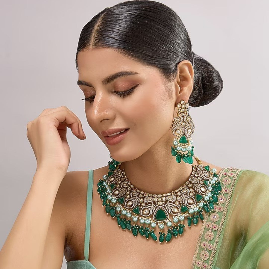 Bridal kundan choker necklace set with emerald green stone drops and matching earrings