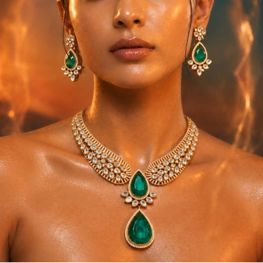Gold Kundan Necklace Set with Green Stone Pendant & Matching Earrings