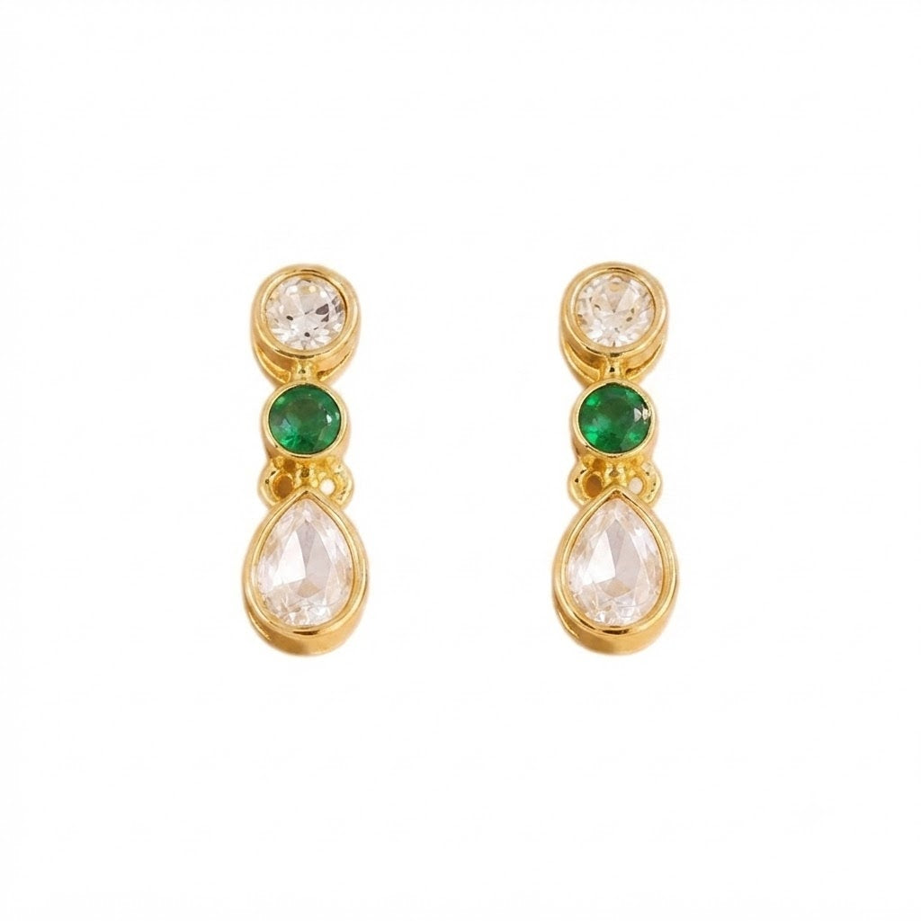 Gold-plated necklace set with green round stones, white teardrop crystal stones, and matching stud earrings for women, ideal for party, festive, and wedding wear.