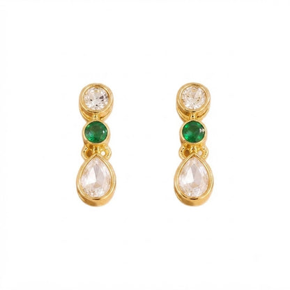 Gold-plated necklace set with green round stones, white teardrop crystal stones, and matching stud earrings for women, ideal for party, festive, and wedding wear.
