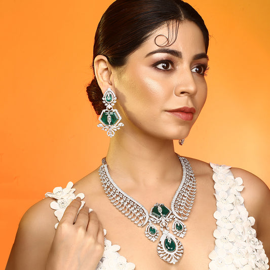 Luxury Silver-Plated Green Stone Necklace Set with Earrings | Bridal Wedding Jewelry Set for Women