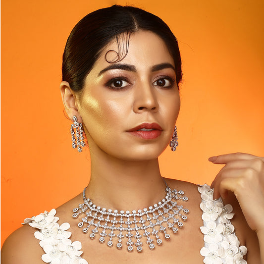 Silver plated American diamond necklace set with cascading drop design and matching chandelier earrings for women bridal jewelry