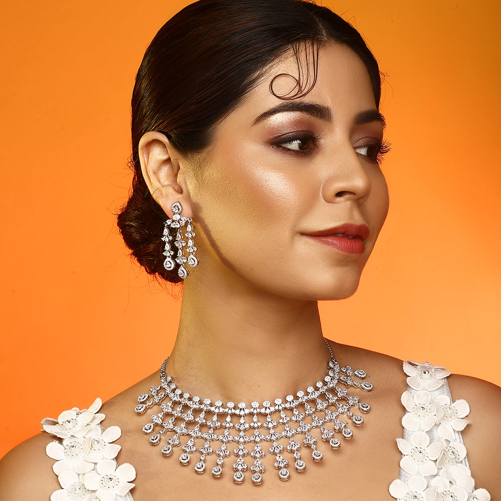 Silver plated American diamond necklace set with cascading drop design and matching chandelier earrings for women bridal jewelry
