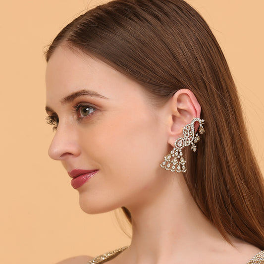 Gold-Plated American Diamond Peacock Ear Cuff Earrings for Women Designer Statement Bridal Earrings