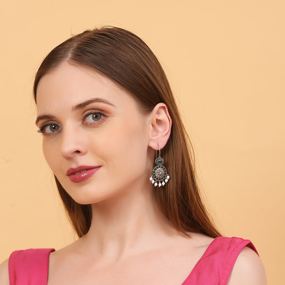 Oxidized silver earrings with green stones circular design and pearl drop danglers