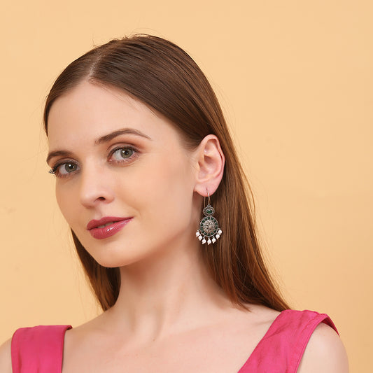 Oxidized silver earrings with green stones circular design and pearl drop danglers